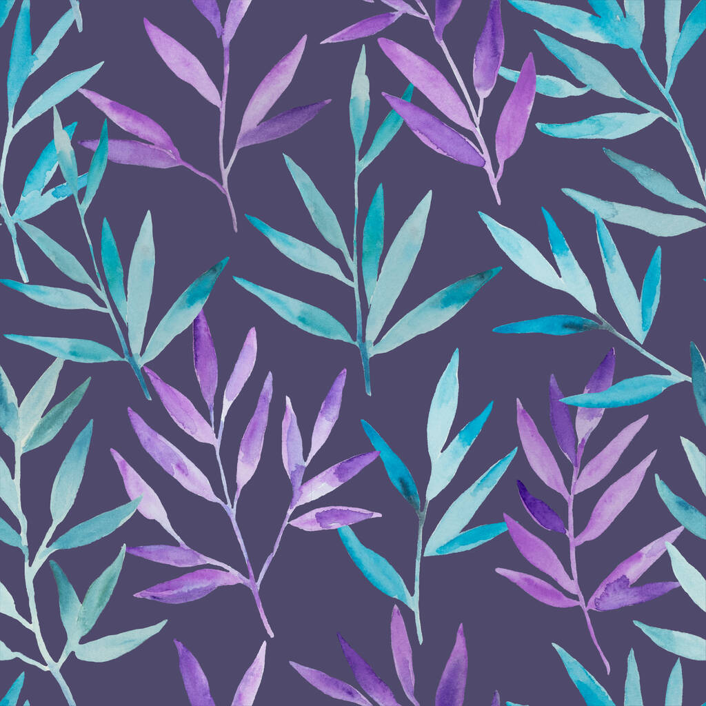水彩青と紫の枝でシームレスなパターン。手描きの装飾や招待状のためのデザインプリント. - 写真・画像