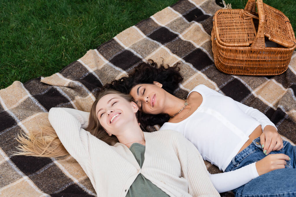 alto ângulo vista de feliz casal lésbico deitado no cobertor xadrez durante piquenique  - Foto, Imagem