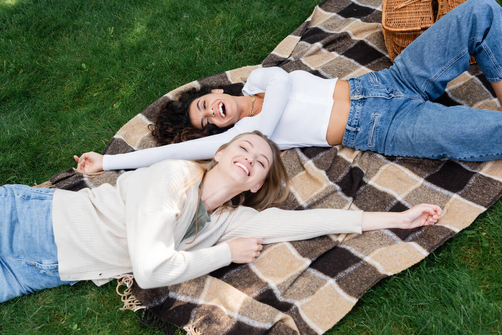 high angle view of joyful lesbian women lying on checkered blanket near basket - Photo, Image