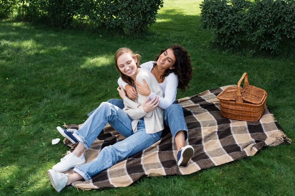 alegre lesbianas mujeres abrazando en a cuadros manta cerca cesta - Foto, Imagen