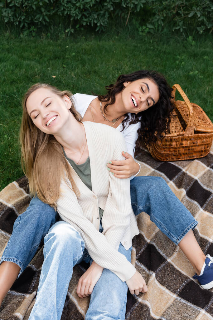hoge hoek uitzicht van vrolijke lesbische vrouwen knuffelen en lachen op geruite deken in de buurt mand - Foto, afbeelding
