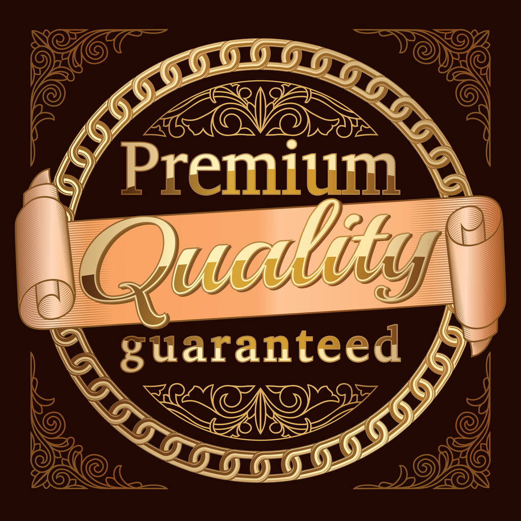 Qualità premium garantita - emblema decorativo retrò oro pubblicità - Vettoriali, immagini
