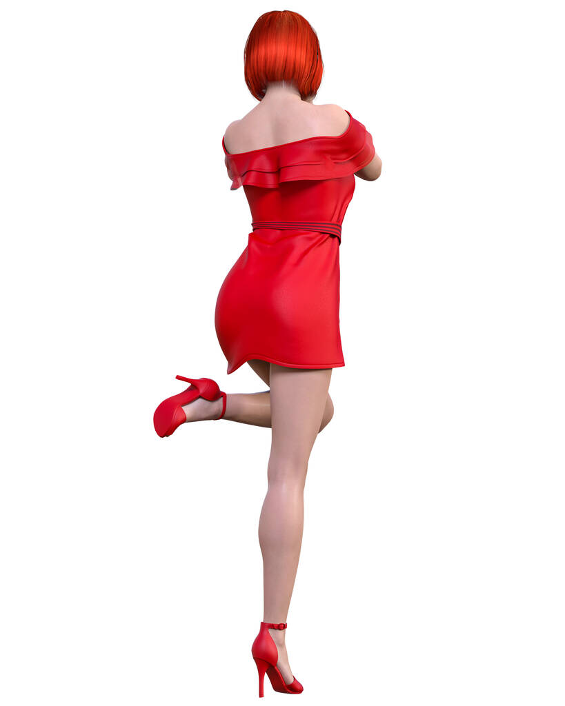 Gyönyörű vörös hajú nő világos nyári integető piros ruhás.Nyári ruha kollekció.Fényes smink.Női stúdió fotó.Konceptuális divat art.Csábító őszinte pose.Femme fatale.3D Render. - Fotó, kép