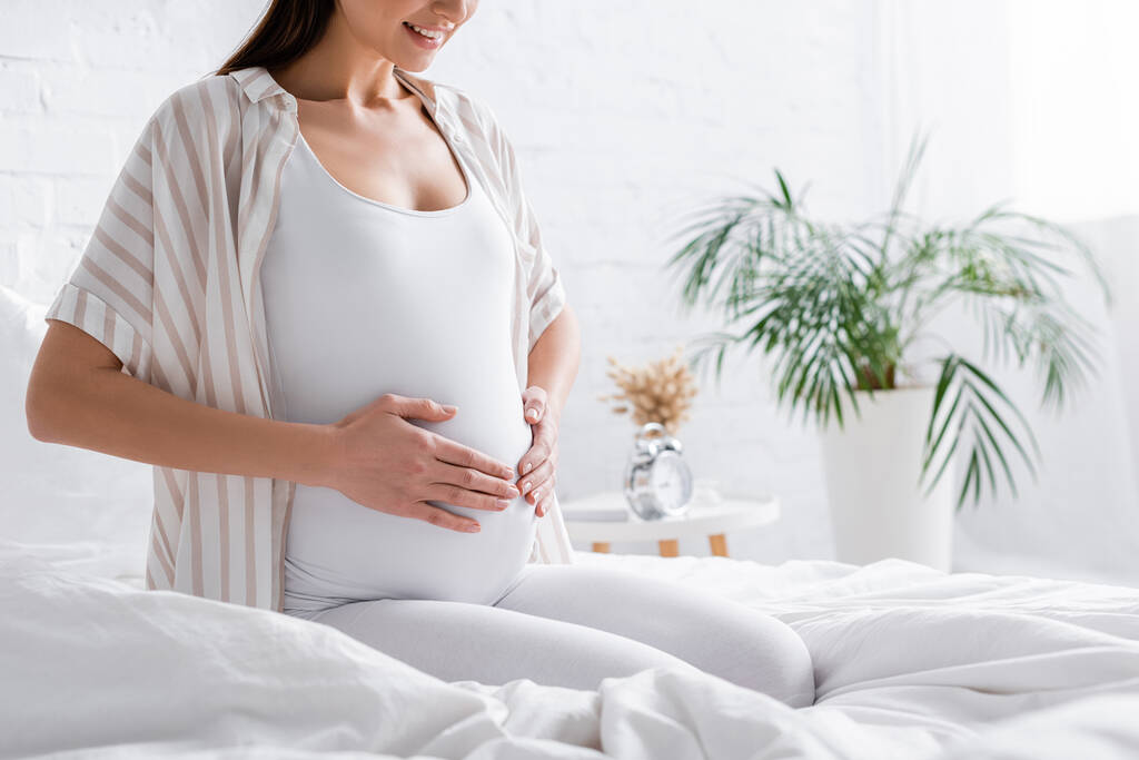 visão parcial da mulher grávida alegre tocando barriga no quarto - Foto, Imagem
