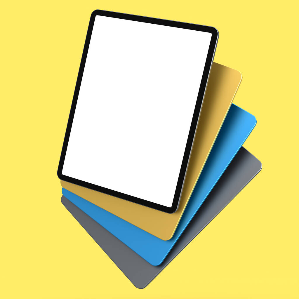 Ensemble de tablettes d'ordinateur avec housse et écran blanc isolé sur fond jaune. Concept de rendu 3D d'équipements créatifs et d'espace de travail compact - Photo, image