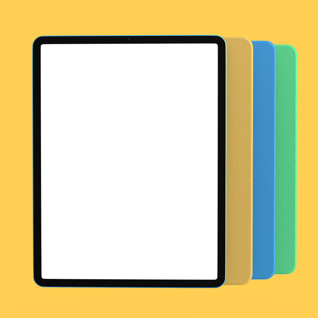 黄色の背景にカバーケースと空白の画面が隔離されたコンピュータタブレットのセット。創造的なデザイナー機器とコンパクトなワークスペースの3Dレンダリングコンセプト - 写真・画像