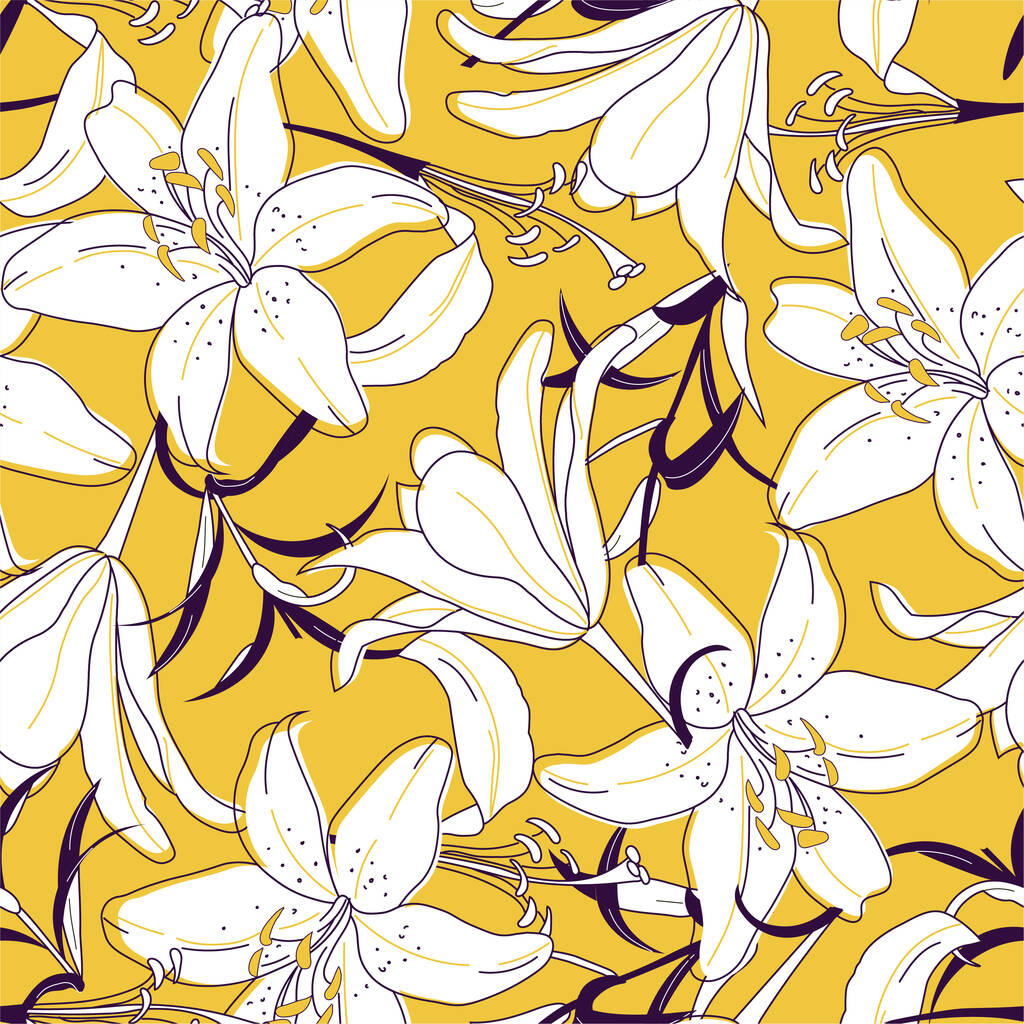 Saumaton vektori kukka kuvio Havaijin tyyliin iso valkoinen käsin piirretty orkidea puu kukkia, silmut, lehdet keltaisella pohjalla. - Vektori, kuva