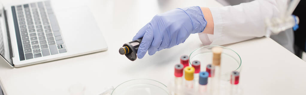 Vue recadrée du scientifique dans un gant en latex tenant une pipette électronique près d'un ordinateur portable et des tubes à essai en laboratoire, bannière  - Photo, image