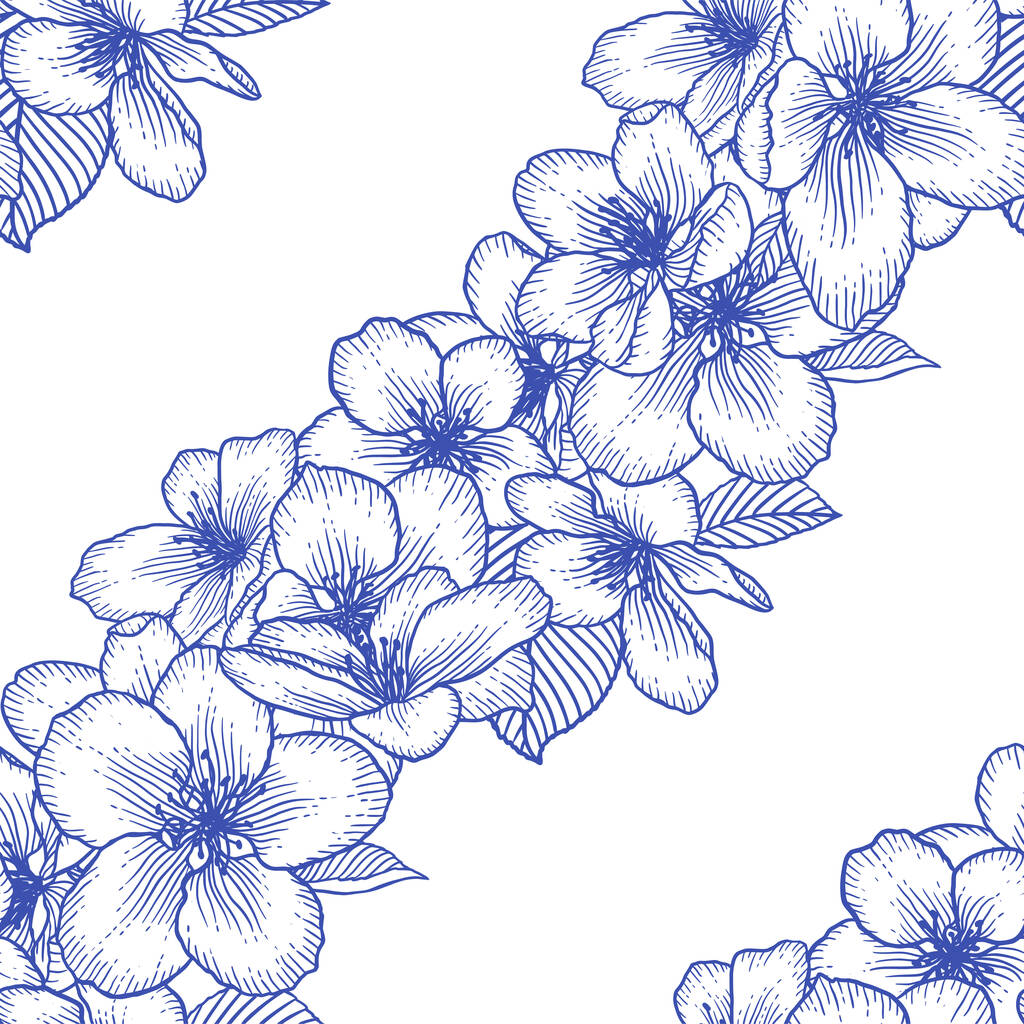 Hermoso patrón azul y blanco floral monocromo sin costuras con flores de manzana. Naturaleza vector botánico fondo ilustración. Diseño gráfico de stock. - Vector, Imagen