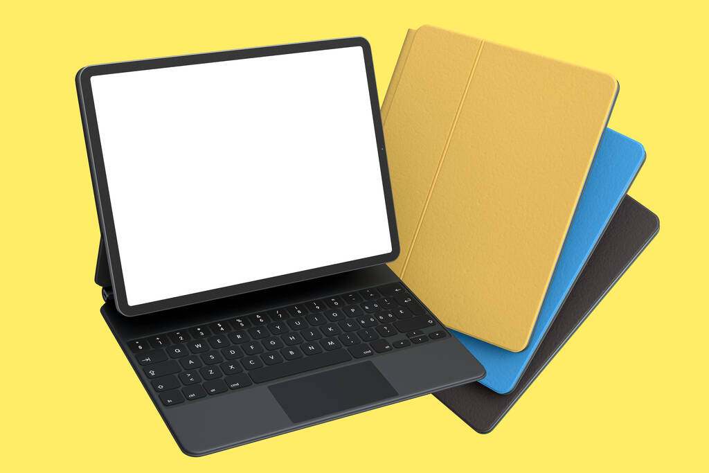 Set computertablets met toetsenbord en blanco scherm geïsoleerd op gele achtergrond. 3D rendering concept van creatieve ontwerper apparatuur en compacte werkruimte - Foto, afbeelding