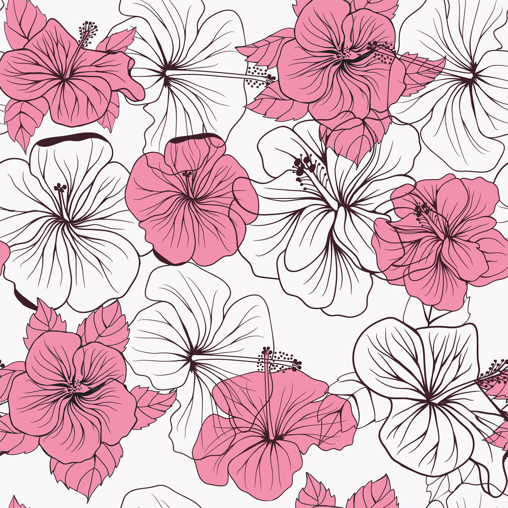 Vector Floral dekoratives tropisches nahtloses Muster mit handgezeichneten Hibiskusblüten und Blättern auf rosa Hintergrund - Vektor, Bild