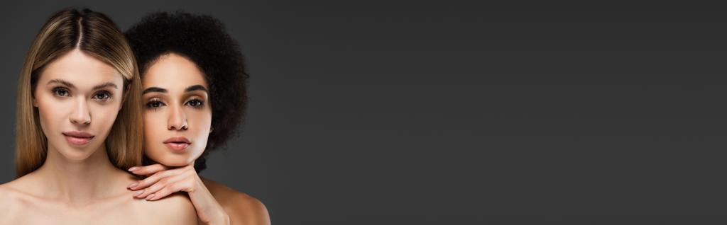 Hübsche multiethnische Frauen mit perfekter Haut und nackten Schultern, die vereinzelt auf grauem Banner in die Kamera schauen - Foto, Bild
