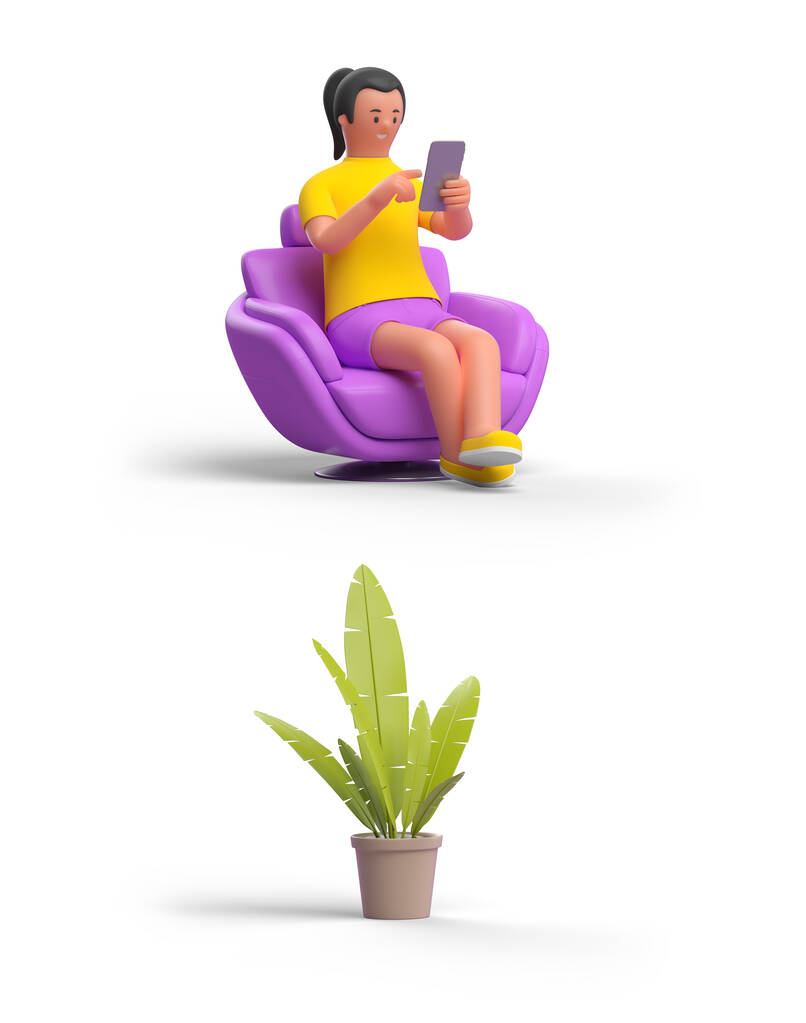 3D Жінка зі смартфоном робить покупок з дому сидячи в кріслі і рослини ізольовані на білому CG рендерингу. - Фото, зображення