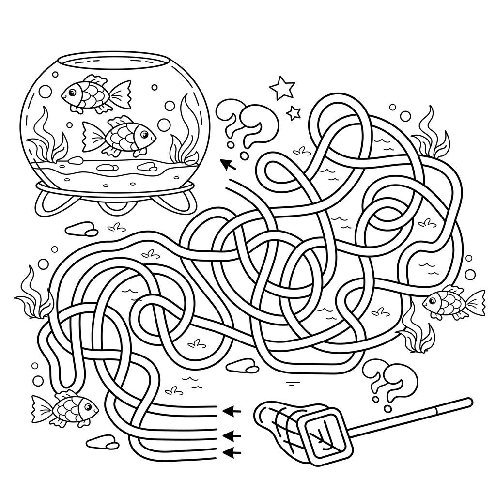 Maze or Labyrinth Game. Puzzle. Tangled road. Coloring Page Outline Of cartoon round glass aquarium with color fish. Coloring book for kids. - Vector, Image