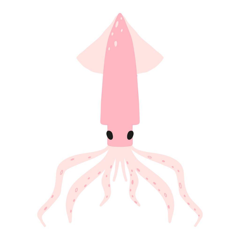 Дитяча ілюстрація рожевих кальмарів ізольована на білому тлі. Мальовані кальмари в мультиплікаційному стилі
. - Вектор, зображення