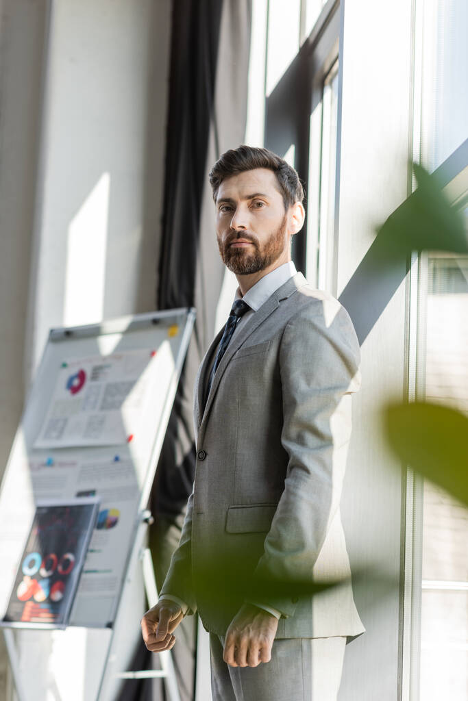 Businessman in suit looking at camera near blurred flip chart in office  - Photo, Image