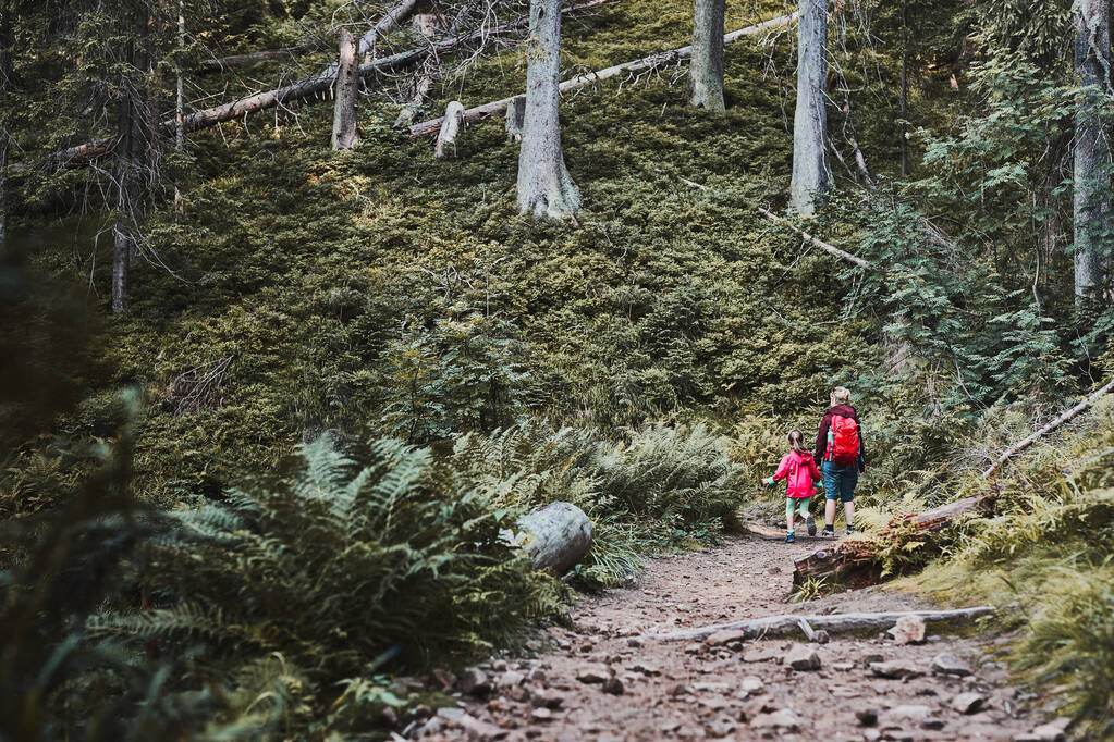 Családi kirándulás a természethez közel. Anya kislánnyal az erdőben sétál, aktívan együtt töltik a nyarat - Fotó, kép