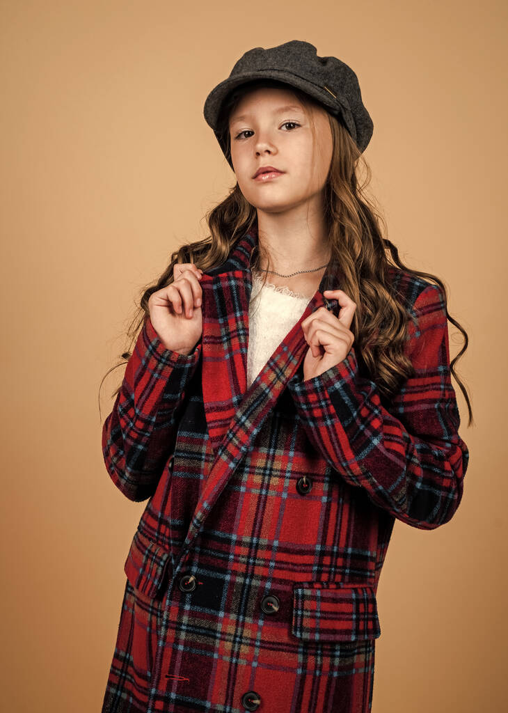 childhood happiness. parisian retro look. french casual fashion. happy teen girl in checkered jacket. spring kid fashion style. child with curly hair wearing trendy hat. beauty as it is - Photo, Image