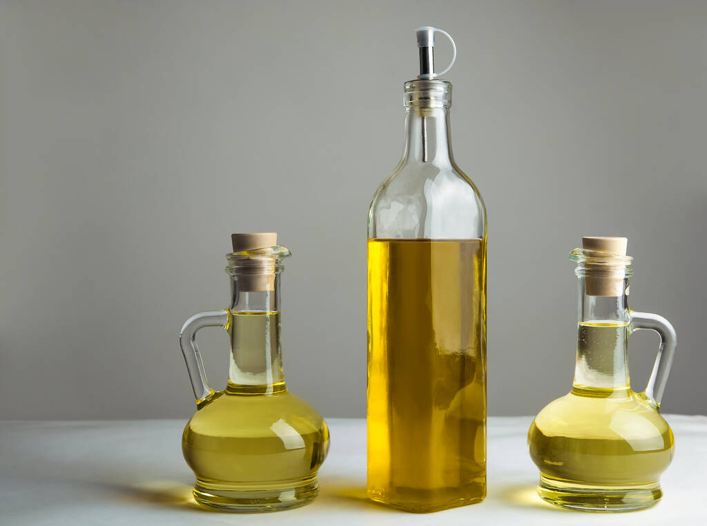 Set di bottiglie di vetro di olio vegetale o di oliva su sfondo isolato. La collezione di tre bottiglie strette e alte. - Foto, immagini