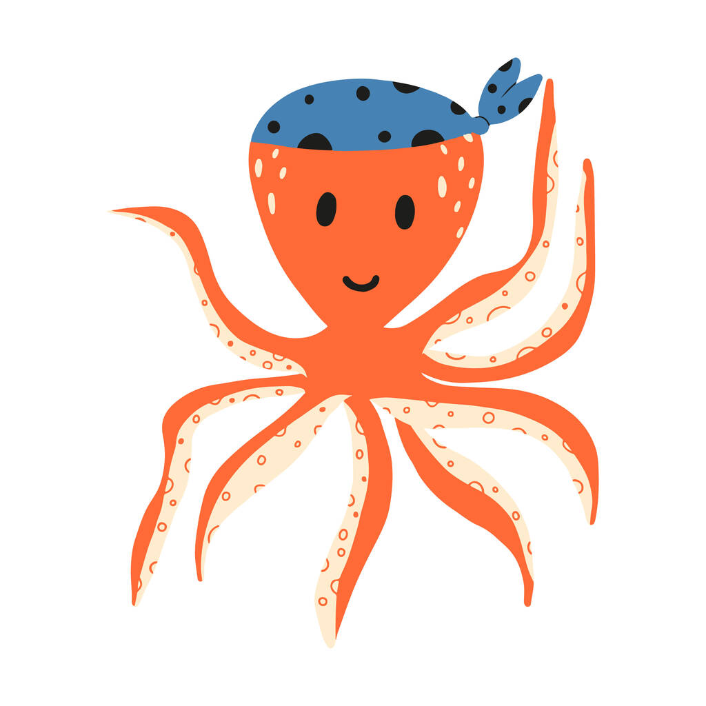 Vector illustration of cute pirate octopus. Pirate octopus in bandana. - Vector, Image
