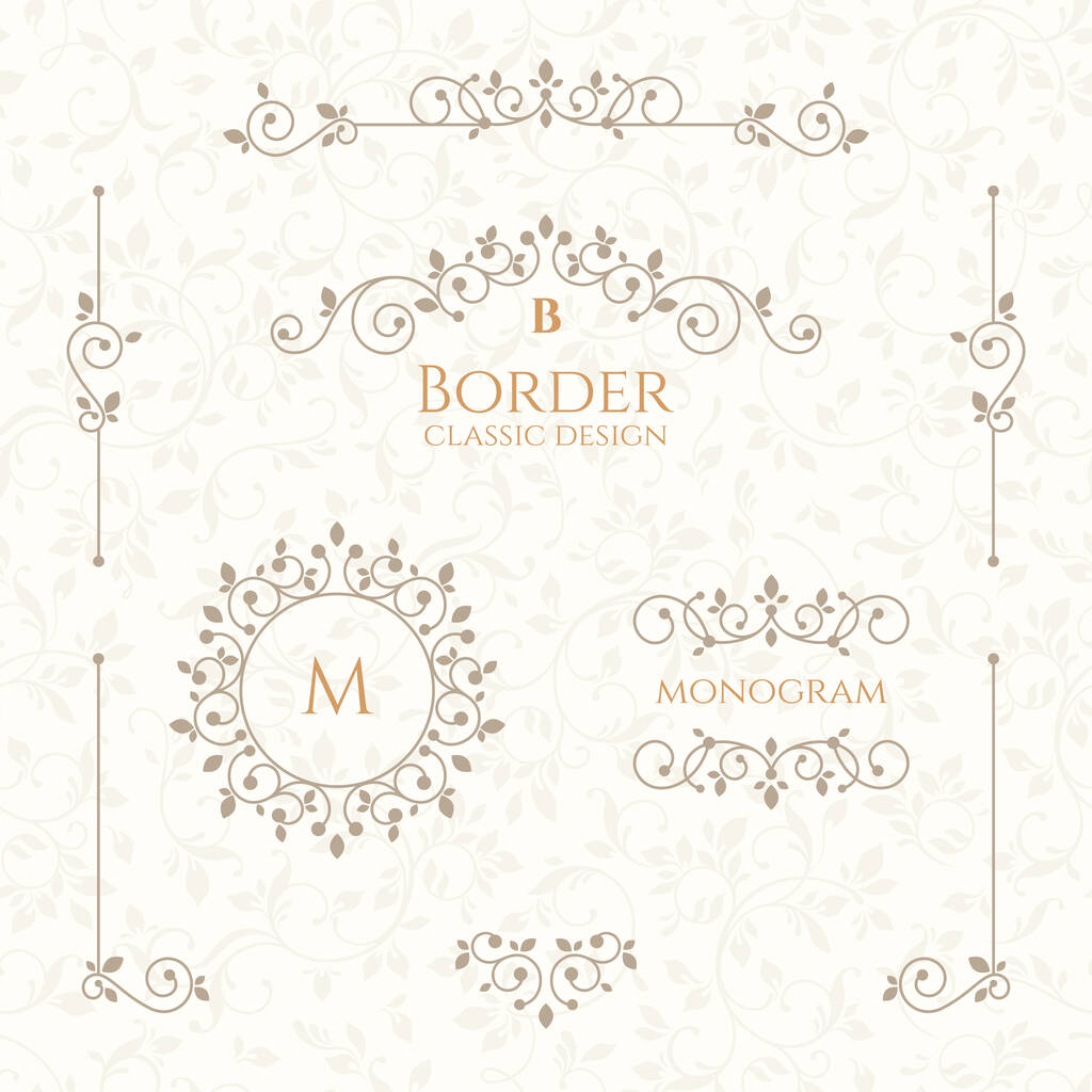 Set of decorative  borders, monograms and seamless pattern. Template signage, labels, stickers, cards. Graphic design page. Classic design elements for wedding invitations. - Vector, Image
