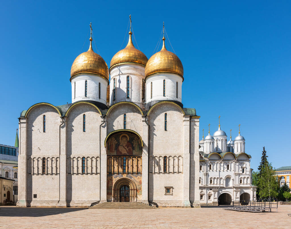 Dormition katedraali Moskovassa Kreml, joka tunnetaan myös nimellä Oletus katedraali tai katedraali Neitsyt. Katedraali Dormition on Venäjän ortodoksinen kirkko omistettu Dormition of Theotokos - Valokuva, kuva
