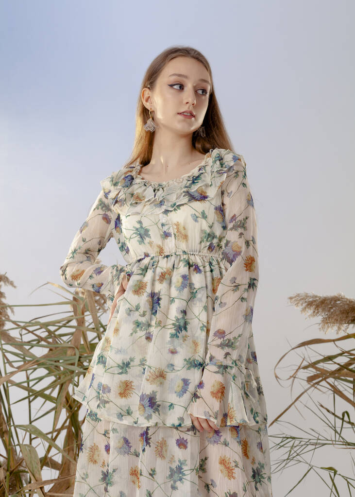 πορτρέτο ενός όμορφου κοριτσιού με ανοιξιάτικο φόρεμα με λουλουδάτο σχέδιο - Φωτογραφία, εικόνα