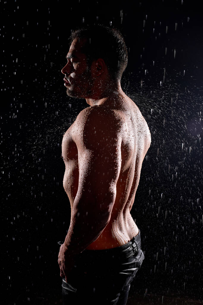 Kraftvolles sexy männliches Modell mit muskulösem Körper, Athlet mit großen Muskeln posiert vor der Kamera - Foto, Bild