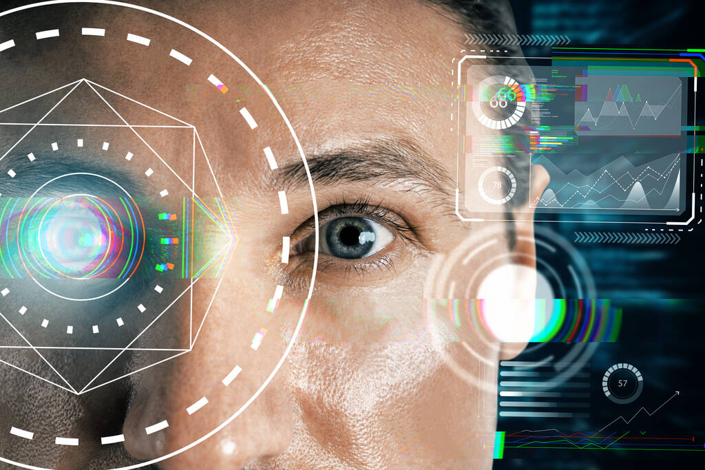 Close up portrait of businessman with creative eye scanning interface hud screen on dark background. Biometrics ID concept. Double exposure - Photo, Image