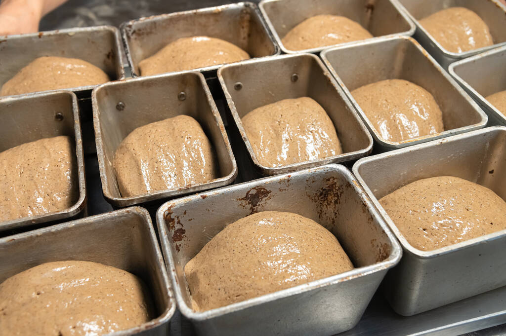 Bread dough in a black metal baking dish on a kitchen countertop. Rye-free rye bread - Photo, Image