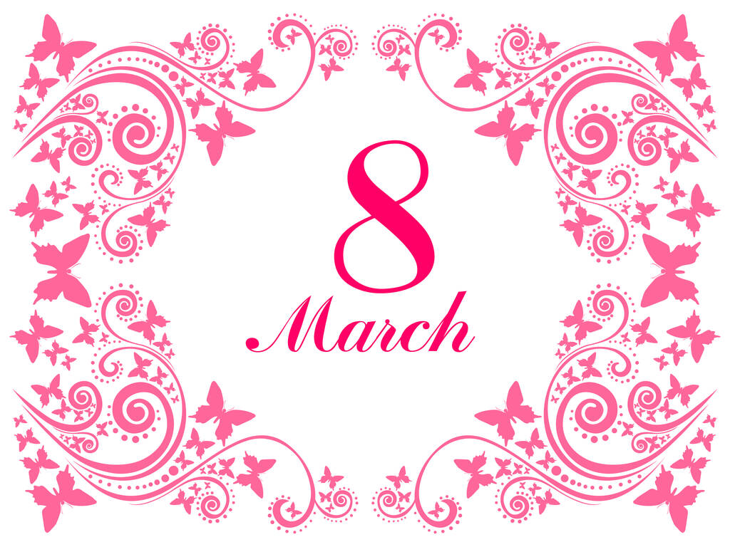 8. März. Grußkarte vorhanden. Feier weißer Hintergrund mit rosa Blumen, Schmetterling und Platz für Ihren Text. Vektorillustration  - Vektor, Bild