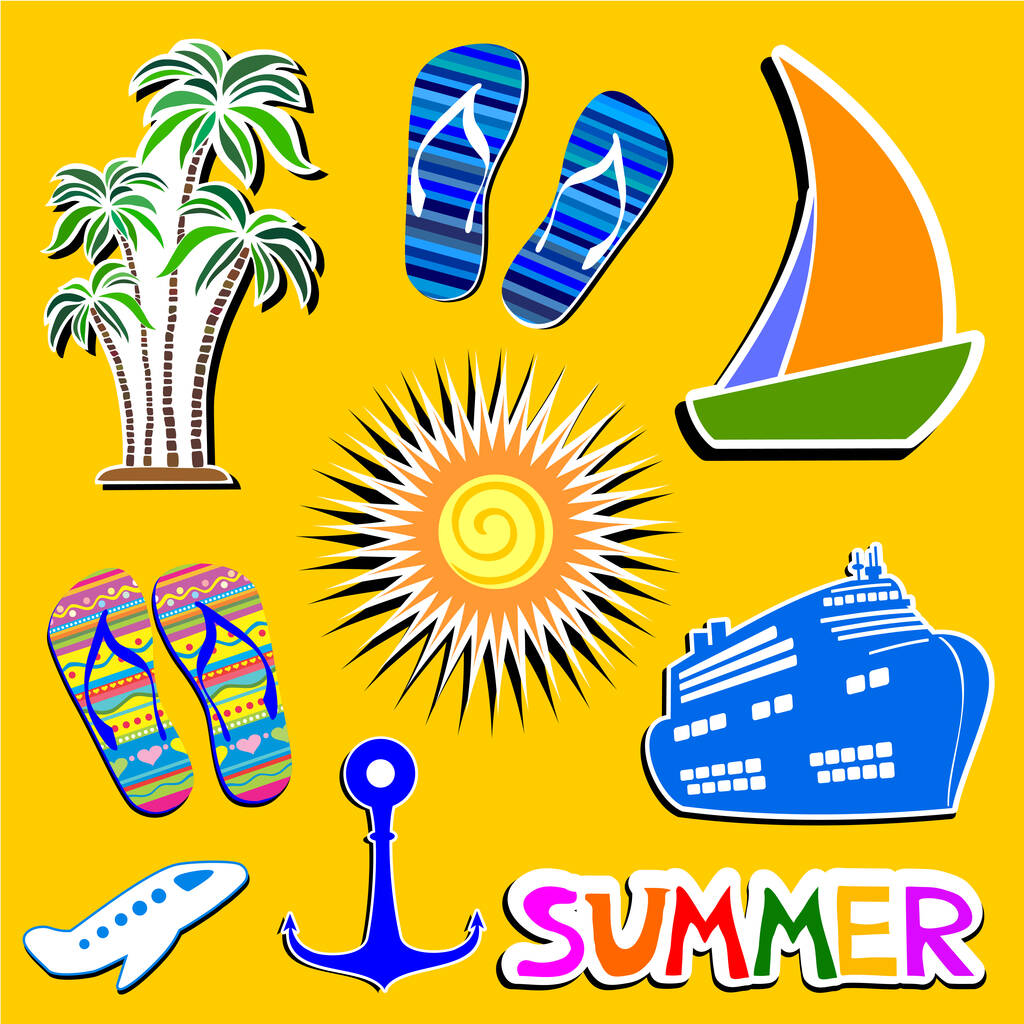 Sommersymbole auf gelbem Hintergrund. Sammlung von Gestaltungselementen. Illustration - Vektor, Bild
