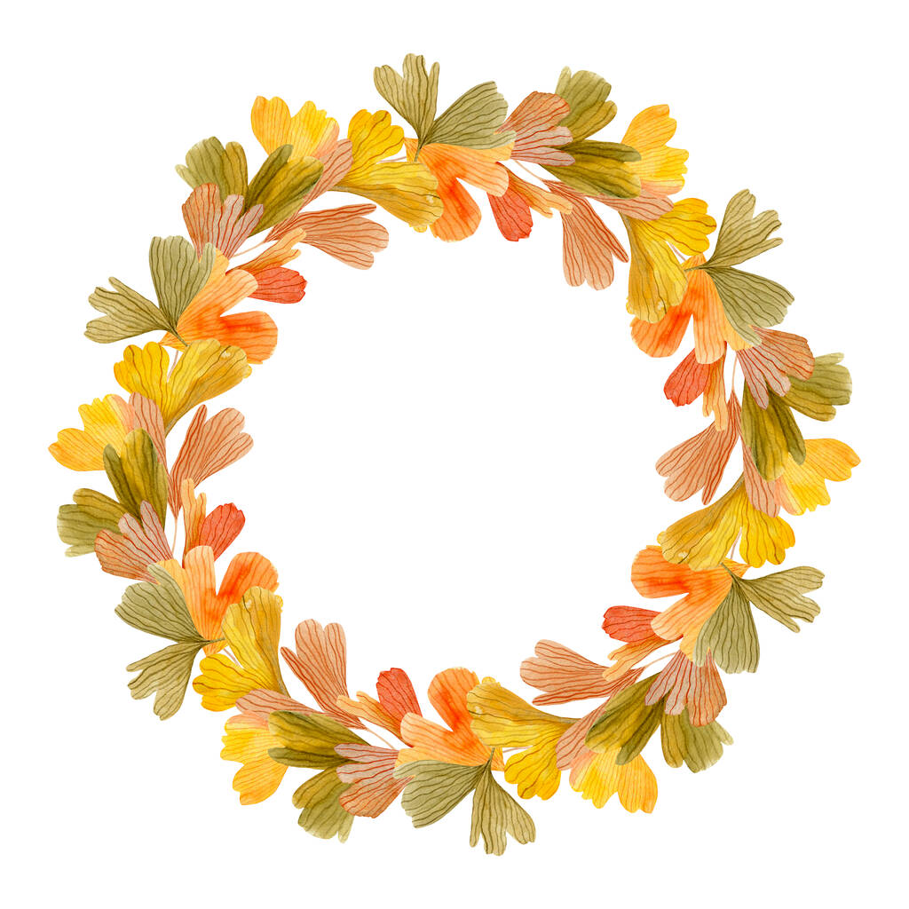 水彩イチョウの葉:白い背景に孤立した秋の花輪。色鮮やかな手描きの葉。テキストのための空のスペースを持つロマンチックな植物ラウンドフレーム. - 写真・画像