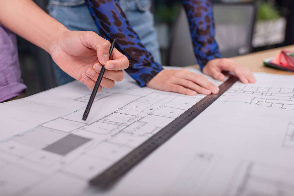 cropped view of interior designers holding ruler and pencil near blueprint - Photo, Image