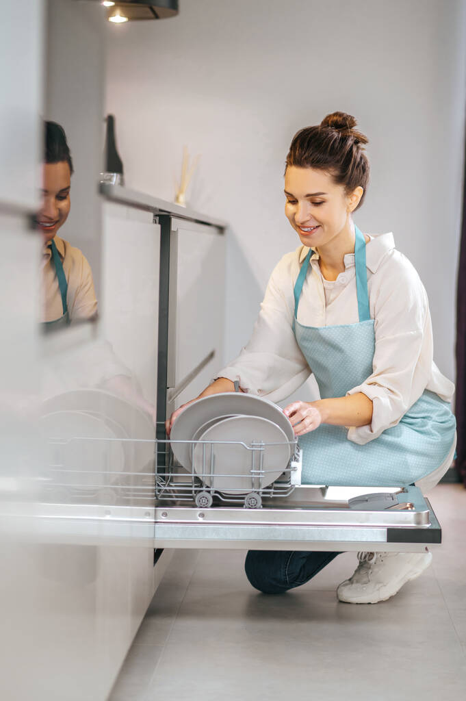 食器洗い機を満たすエプロンの主婦 - 写真・画像