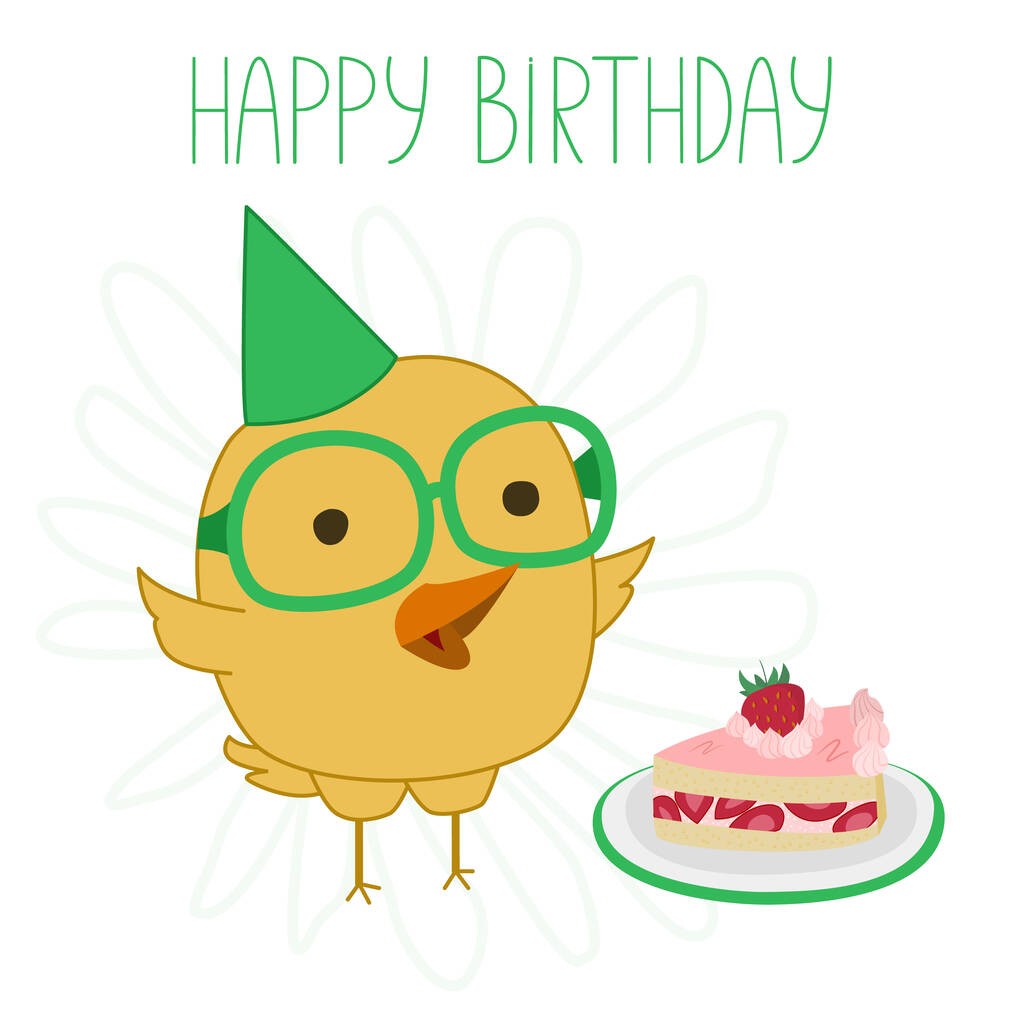 Biglietto di compleanno creativo. Illustrazione vettoriale di un pollo che indossa occhiali, un cappello di compleanno e con un pezzo di torta di compleanno. Biglietto di auguri con pollo piccolo - Vettoriali, immagini