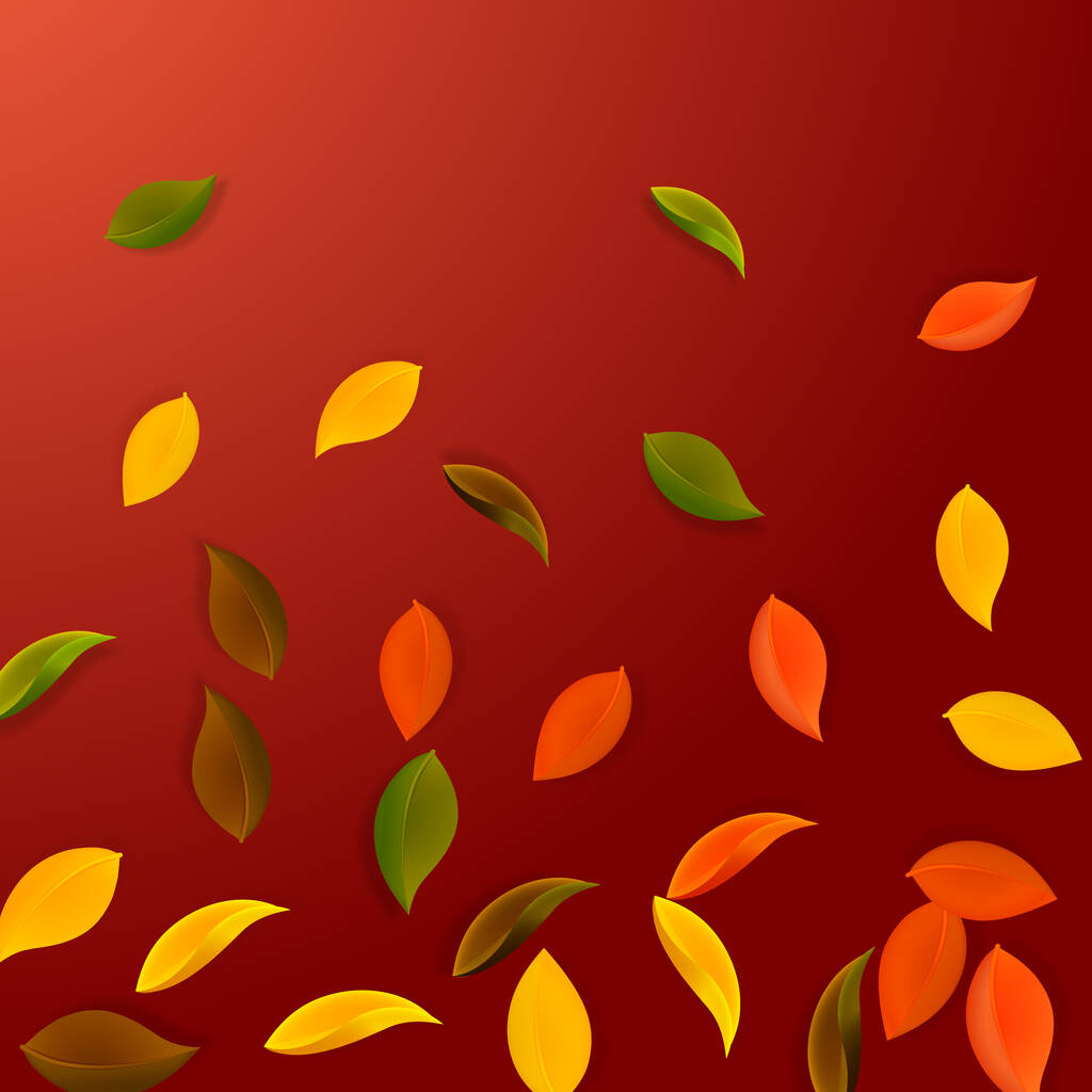 Fallende Herbstblätter. Rote, gelbe, grüne, braune, saubere Blätter fliegen. Gradient buntes Laub auf feinem roten Hintergrund. Genial zurück zum Schulverkauf. - Vektor, Bild