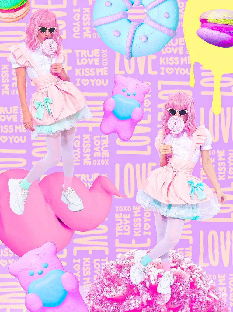 Contemporary digital collage art wallpaper Candy Girl fashion style. Trendy - Foto, immagini