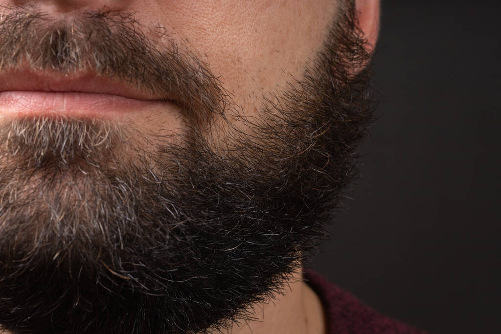 Una barba perfecta. Primer plano del joven barbudo. Muy cerca de la barba masculina hipster guapo. Elegante barba bien arreglada. Primer plano hombres barbudos - Foto, imagen