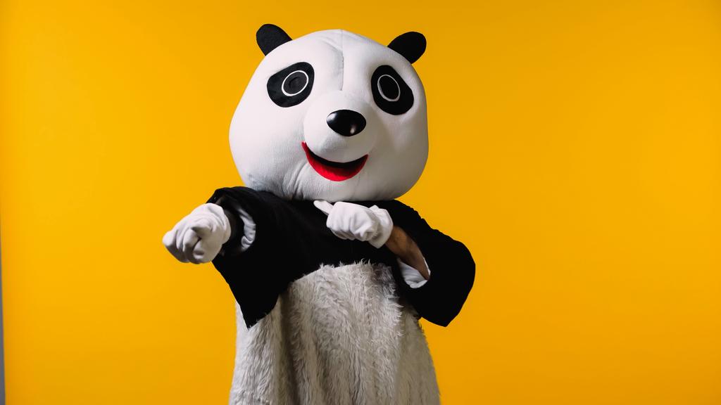 osoba w kostiumie niedźwiedzia panda grożąc wskazując na kamerę odizolowaną na żółto - Zdjęcie, obraz