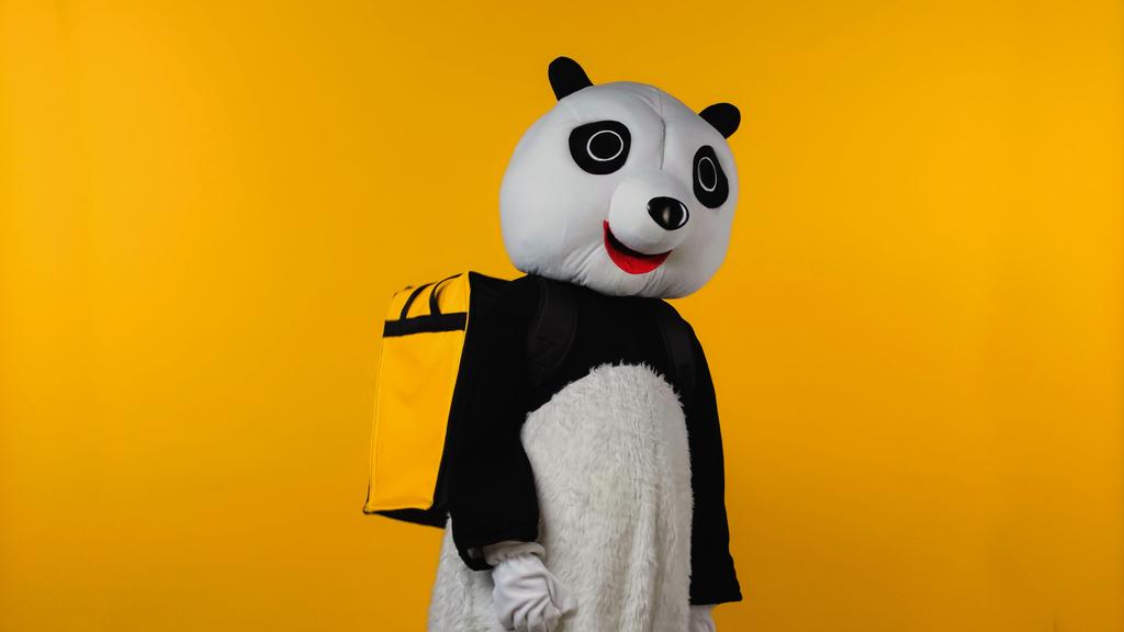 pessoa em traje de urso panda com mochila isolada em amarelo  - Foto, Imagem