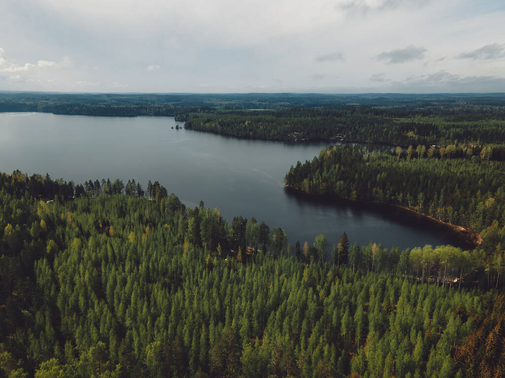 Ilmakuva kauniista pohjoismaisesta järvestä ja Suomen metsistä - Valokuva, kuva