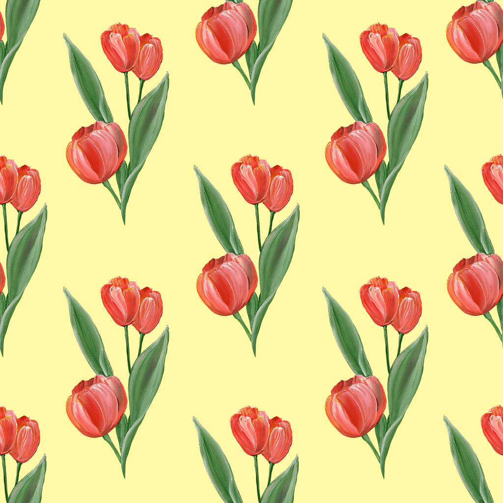 Patrón sin costuras con tulipanes rojos y hojas verdes sobre un fondo amarillo. Delicadas flores de primavera. Ilustración en acuarela. Para el diseño de postales, textiles, envoltorio de regalo. - Foto, imagen