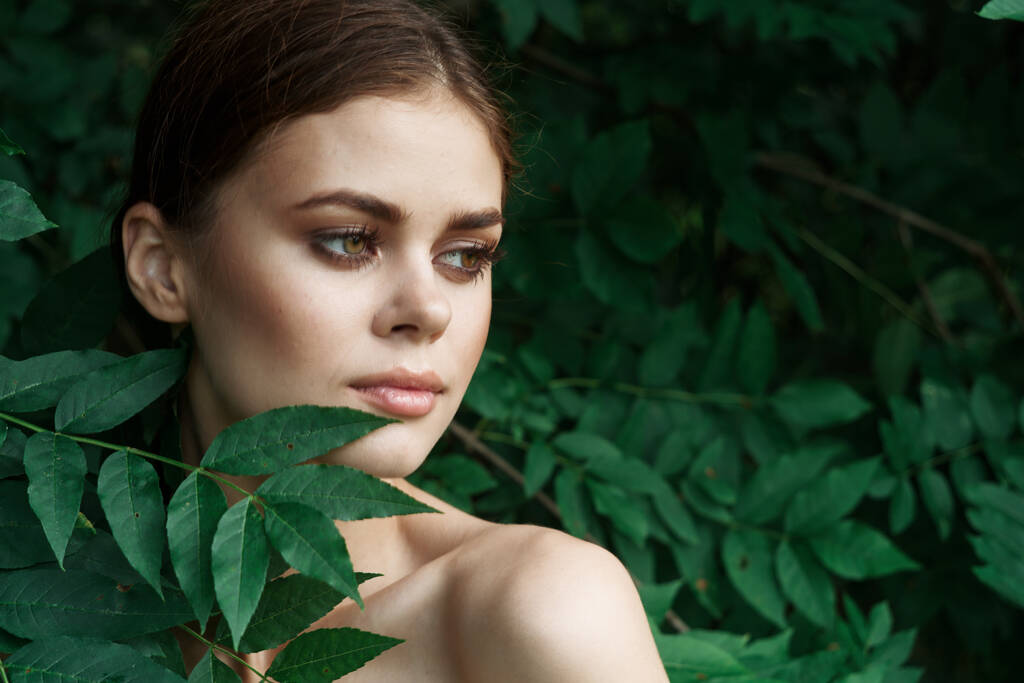 魅力的な女性の皮膚ケア裸の肩緑の葉自然ライフスタイル - 写真・画像