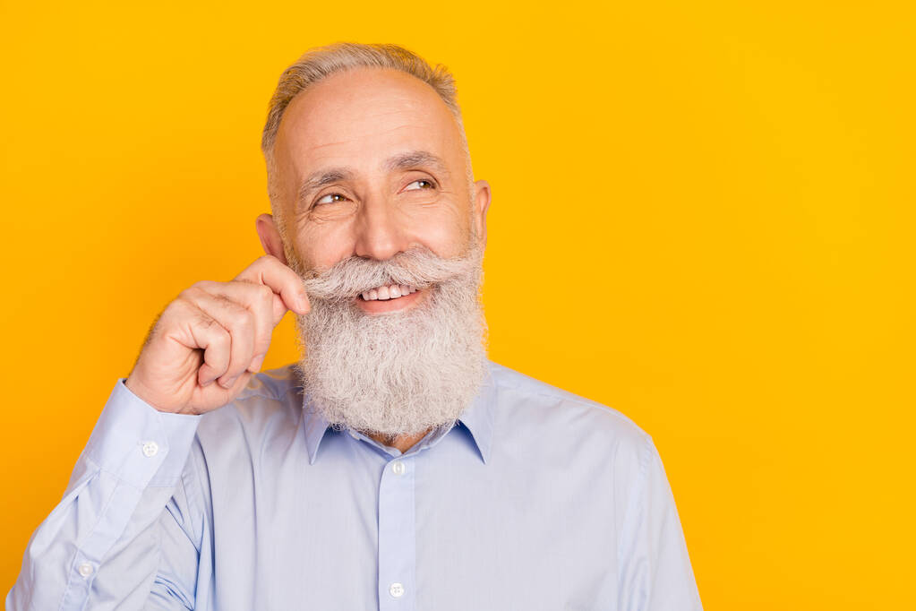 Çekici, orta yaşlı bir adamın sakala dokunan portresi. Gri pastel arka planda izole edilmiş fotokopi alanı düşünüyor. - Fotoğraf, Görsel