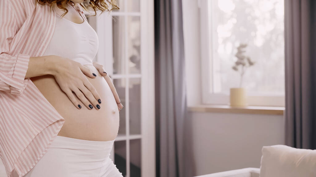 Gewassen uitzicht op jonge zwangere vrouw aanraken buik thuis  - Foto, afbeelding