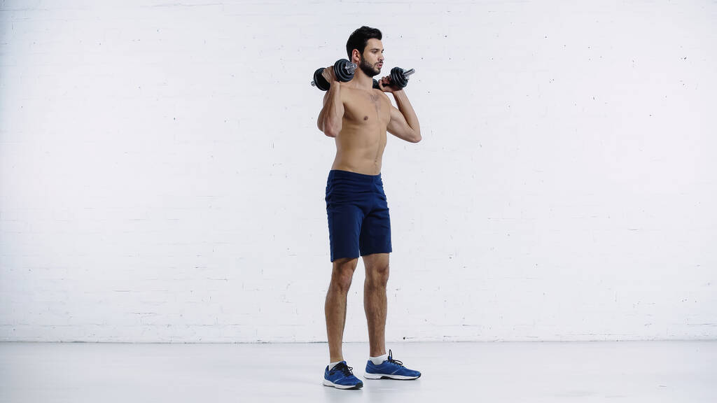 full length of sportive and shirtless man in shorts working out with dumbbells against white brick wall  - Foto, Imagem