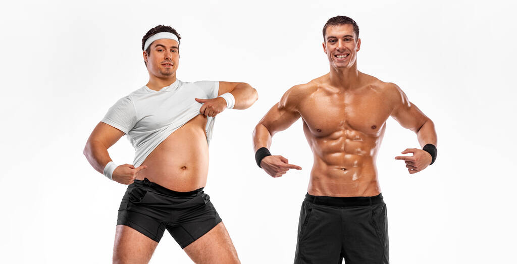 Genial vor und nach dem Gewichtsverlust Fitness Transformation. Der Mann war dick, wurde aber Athlet. Fat to fit Konzept. - Foto, Bild