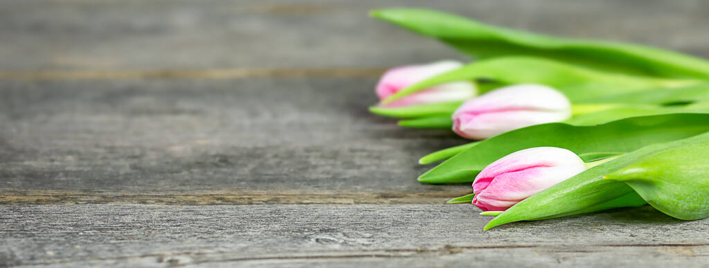 Bouquet of pink spring tulips lies on a wooden table. - Photo, Image