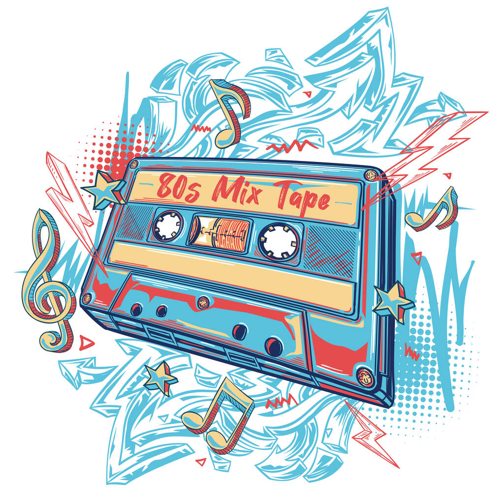 80s mix tape - colorful musical audio cassette design - Vektör, Görsel